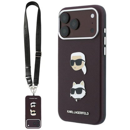 Калъф за Apple iPhone 18 Pro Max / 17 Pro Max, Karl Lagerfeld, Saffiano Crossbody Karl & Choupette Head's Pins Logo, бордо