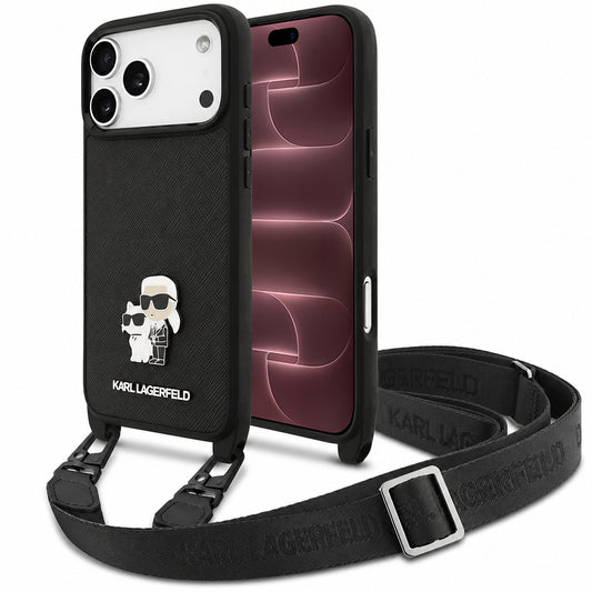 Калъф за Apple iPhone 18 Pro Max / 17 Pro Max, Karl Lagerfeld, Saffiano Crossbody Metal Pin Karl & Choupette, черен