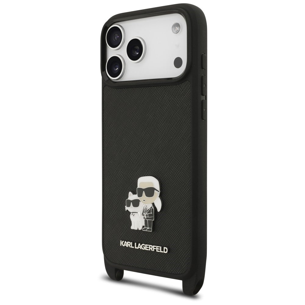 Case for Apple iPhone 18 Pro Max / 17 Pro Max, Karl Lagerfeld, Saffiano Crossbody Metal Pin Karl & Choupette, Black