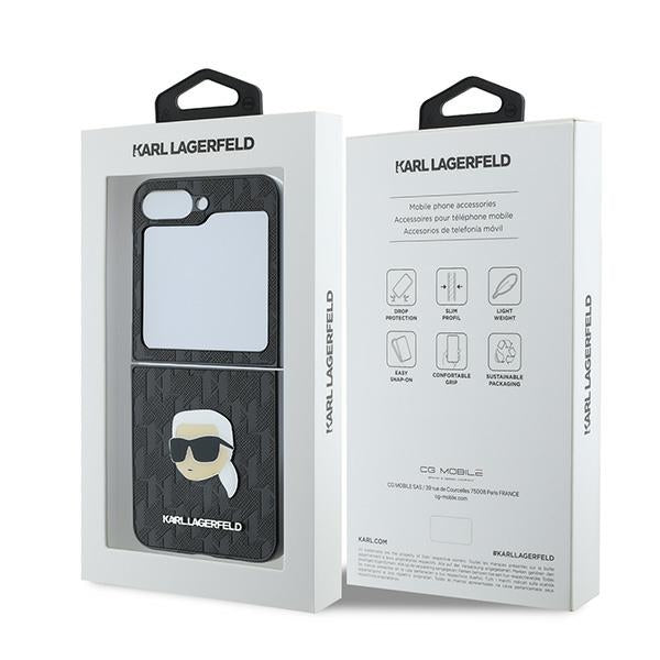 Case for Samsung Galaxy Z Flip7 FE F761 / Z Flip6 F741, Karl Lagerfeld, Saffiano Monogram Karl's Head Metal, Black