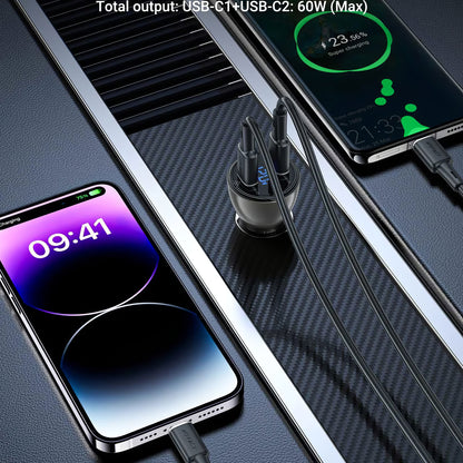 Зарядно за кола Acefast B10, 60W, 3A, 2 x USB-C, черно 