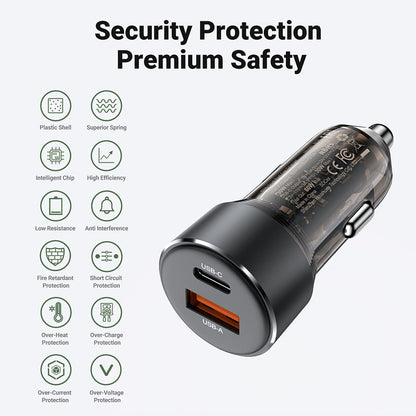 Acefast B12 Car Charger, 60W, 3A, 1 x USB-A - 1 x USB-C, Black