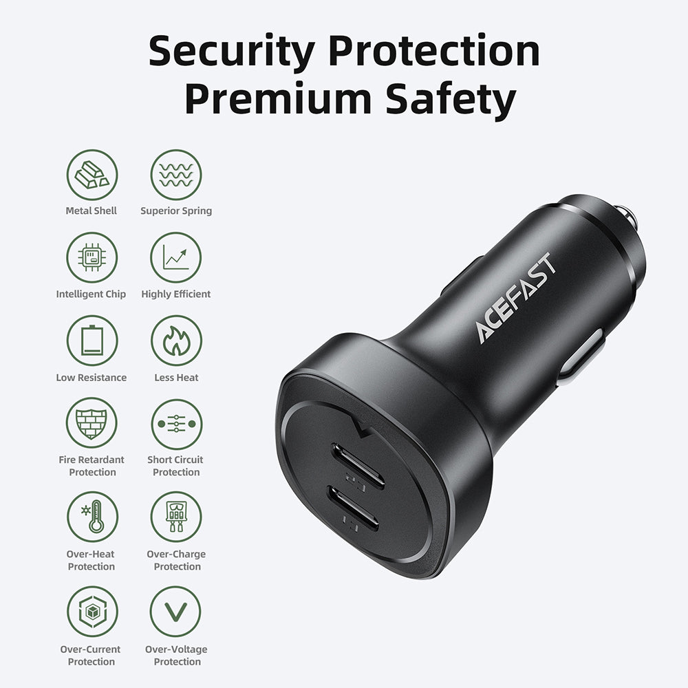 Автомобилен заряден уред Acefast B2, 72W, 3A, 2 x USB-C, Черен