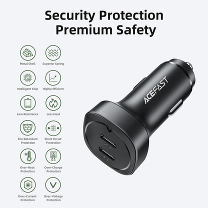 Автомобилен заряден уред Acefast B2, 72W, 3A, 2 x USB-C, Черен