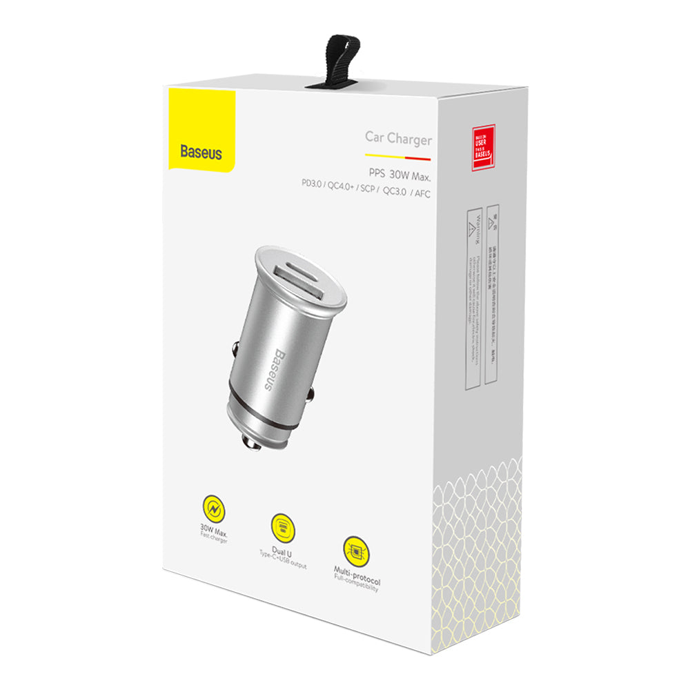 Автомобилен заряден уред Baseus Circular Metal, 30W, 5A, 1 x USB-A - 1 x USB-C, Сив