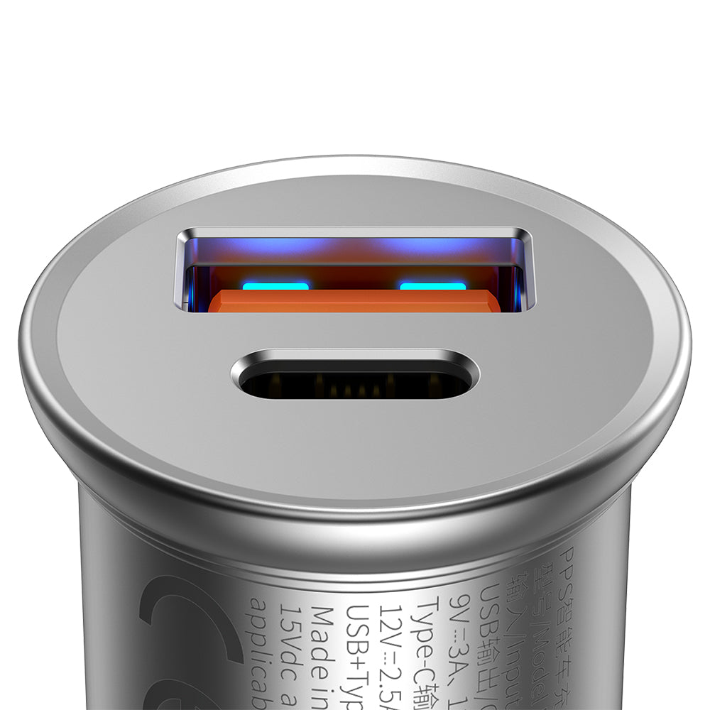 Автомобилен заряден уред Baseus Circular Metal, 30W, 5A, 1 x USB-A - 1 x USB-C, Сив