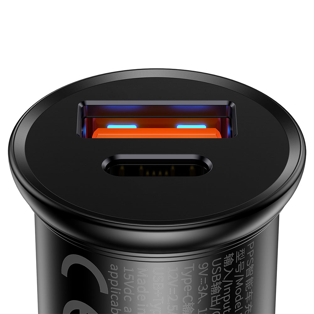 Автомобилен заряден уред Baseus Circular Metal, 30W, 5A, 1 x USB-A - 1 x USB-C, Черен