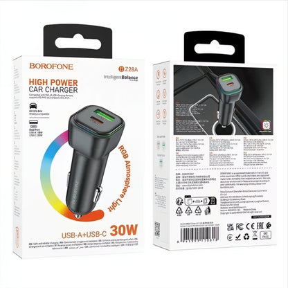 Автомобилен заряден уред Borofone BZ28A Trophie, 30W, 3A, 1 x USB-A - 1 x USB-C, Черен