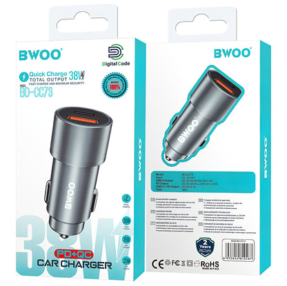 Зарядно за кола BWOO BO-CC73, 38W, 3A, 1 x USB-A - 1 x USB-C, сребристо 