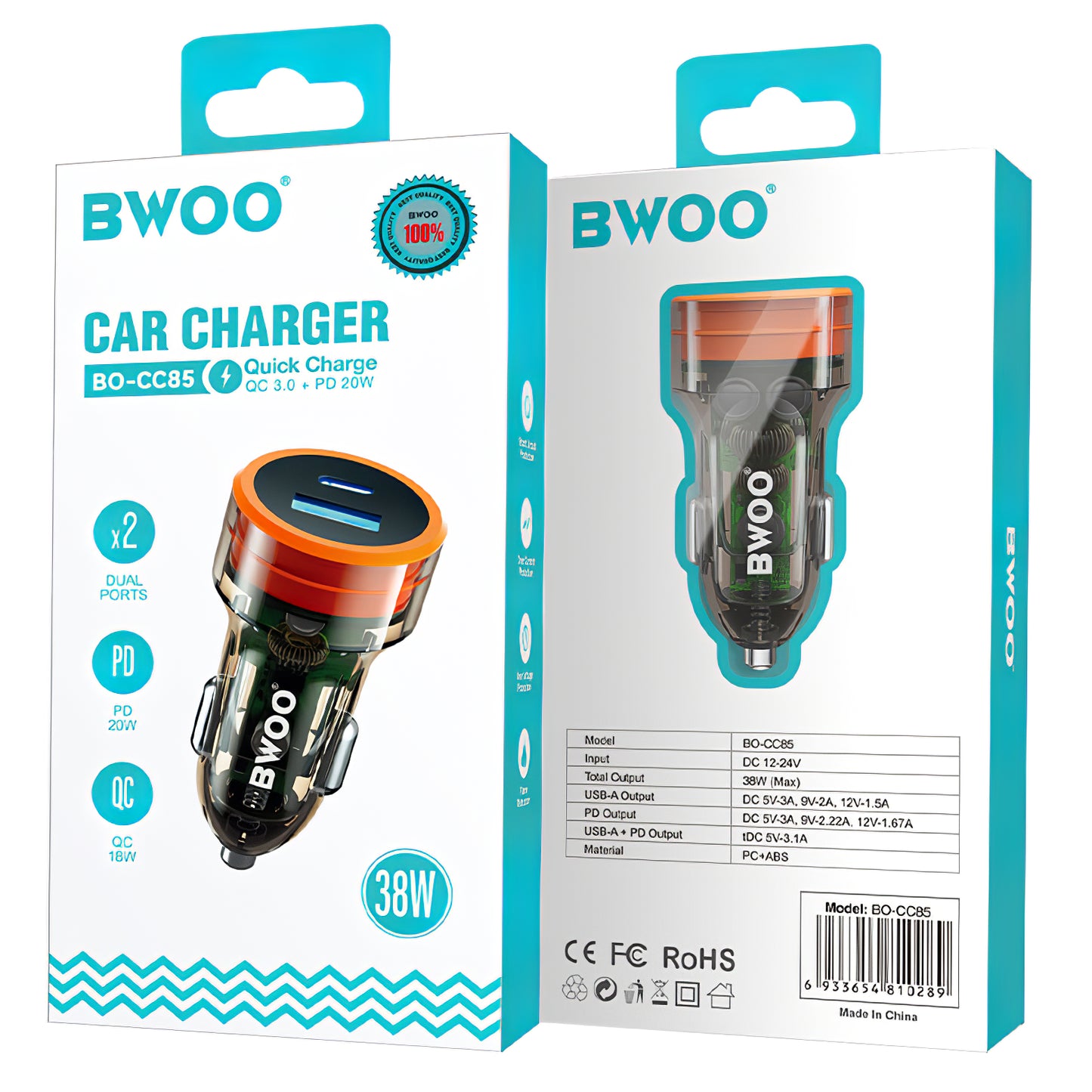 Зарядно за кола BWOO BO-CC85, 38W, 3A, 1 x USB-A - 1 x USB-C, черно 