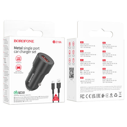 Зарядно за кола с USB-C кабел Borofone BZ19A Wisdom, 18W, 3A, 1 x USB-A, черно 