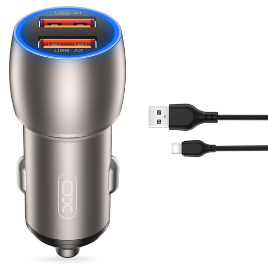 Зарядно за кола с USB-C кабел XO Design CC52, 36W, 3A, 2 x USB-A, сиво 