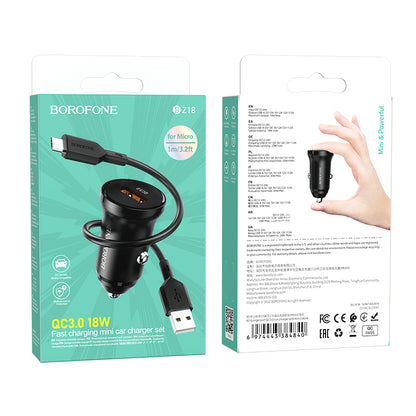 Автомобилен заряден уред с microUSB кабел Borofone BZ18, 18W, 3A, 1 x USB-A, Черен