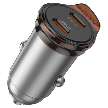 Автомобилен заряден уред с кабел Lightning HOCO NZ16B, 45W, 3A, 2 x USB-C, Сив