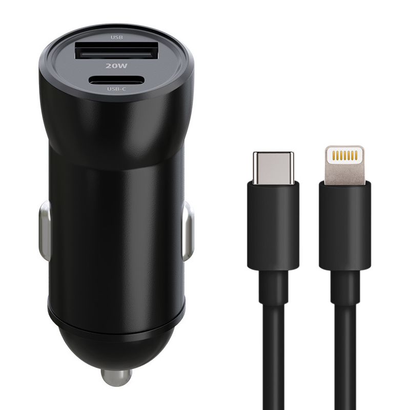 Автомобилен заряден уред с кабел Lightning MaXlife MXCC-04, 20W, 3A, 1 x USB-A - 1 x USB-C, Черен
