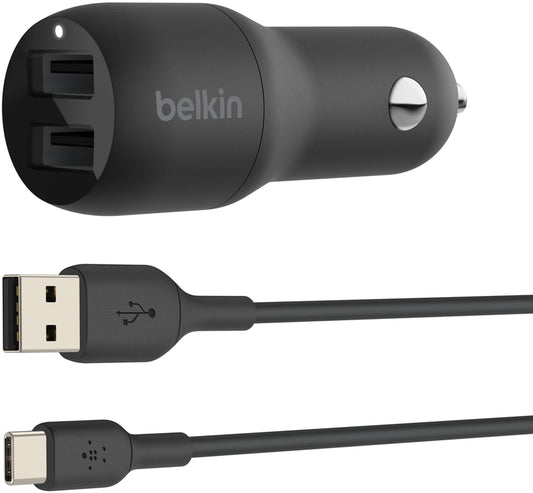 Автомобилно зарядно с USB-C кабел Belkin BoostCharge Dual, 24W, 2.4A, 2 x USB-A, Черно CCE001bt1MBK