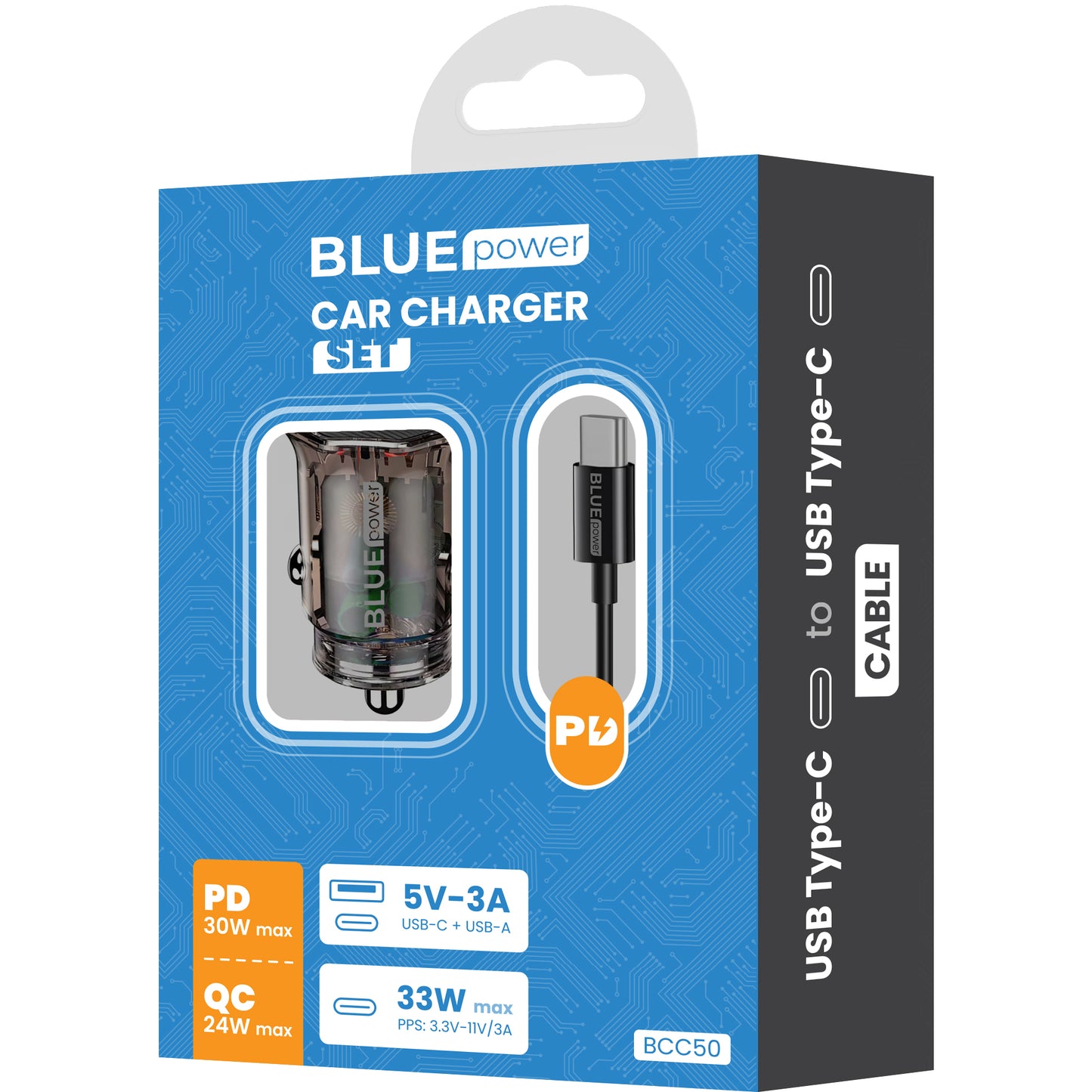 Зарядно за кола с USB-C кабел BLUE Power BCC50, 33W, 3A, 1 x USB-A - 1 x USB-C, черно