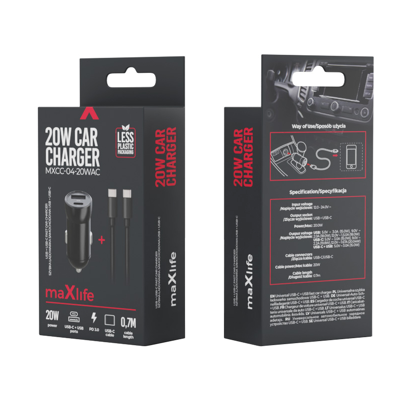 Автомобилен заряден уред с USB-C кабел MaXlife MXCC-04, 20W, 3A, 1 x USB-A - 1 x USB-C, Черен