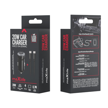 Автомобилен заряден уред с USB-C кабел MaXlife MXCC-04, 20W, 3A, 1 x USB-A - 1 x USB-C, Черен