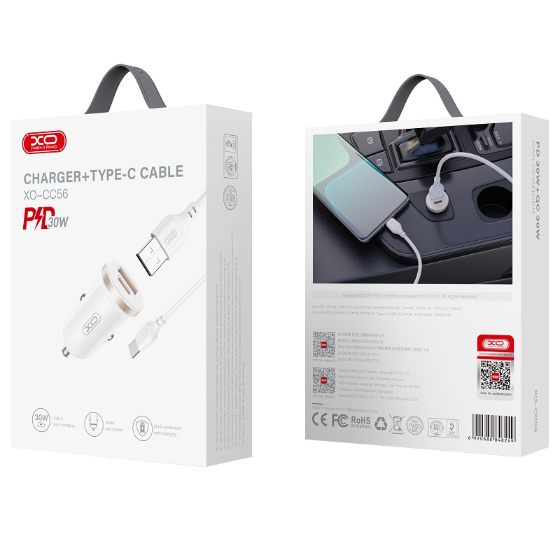 Автомобилен заряден уред с USB-C кабел XO Design CC56, 30W, 3A, 1 x USB-A - 1 x USB-C, Бял