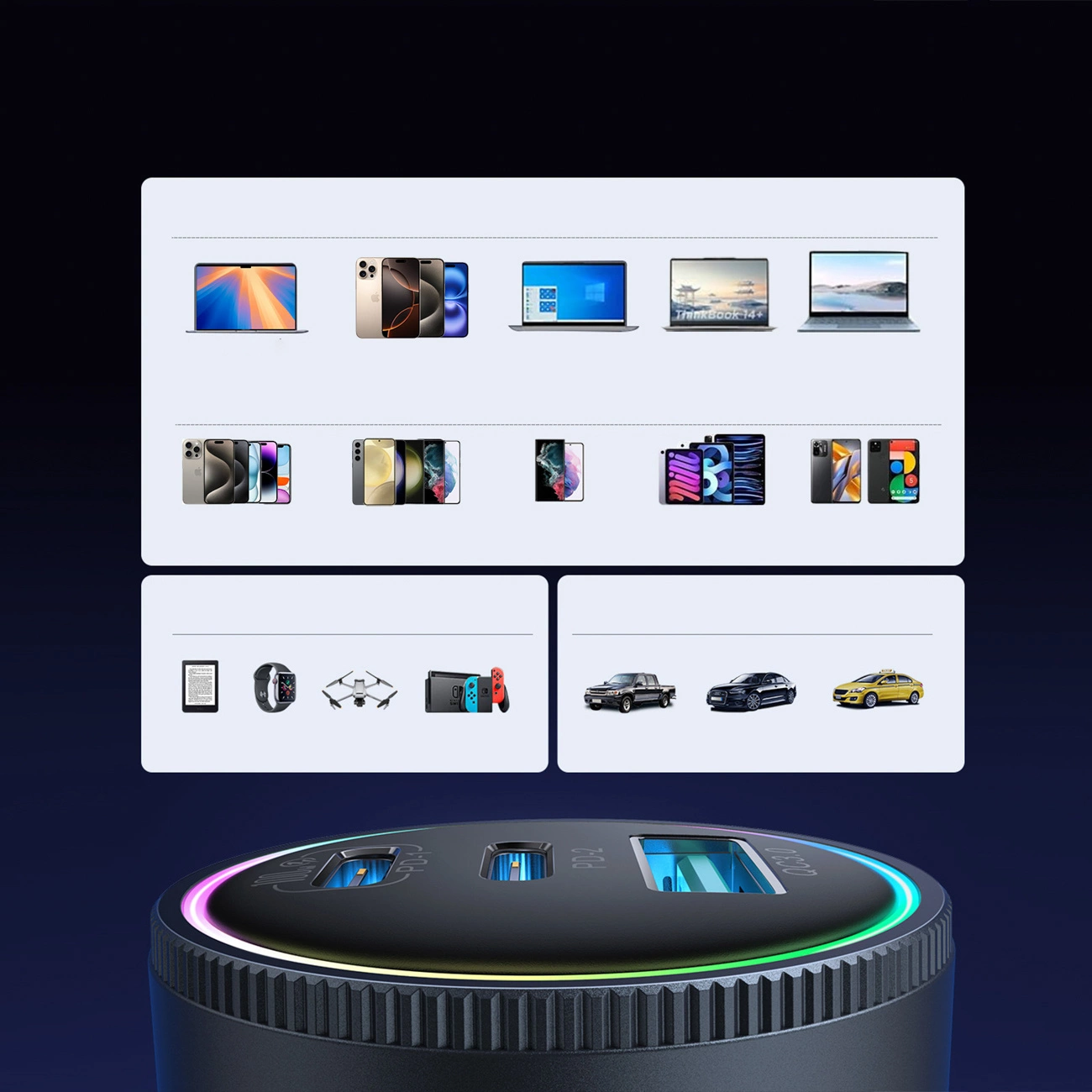 Автомобилен заряден уред с USB-C кабел Joyroom JR-CCN07, 145W, 5A, 1 x USB-A - 2 x USB-C, Сив