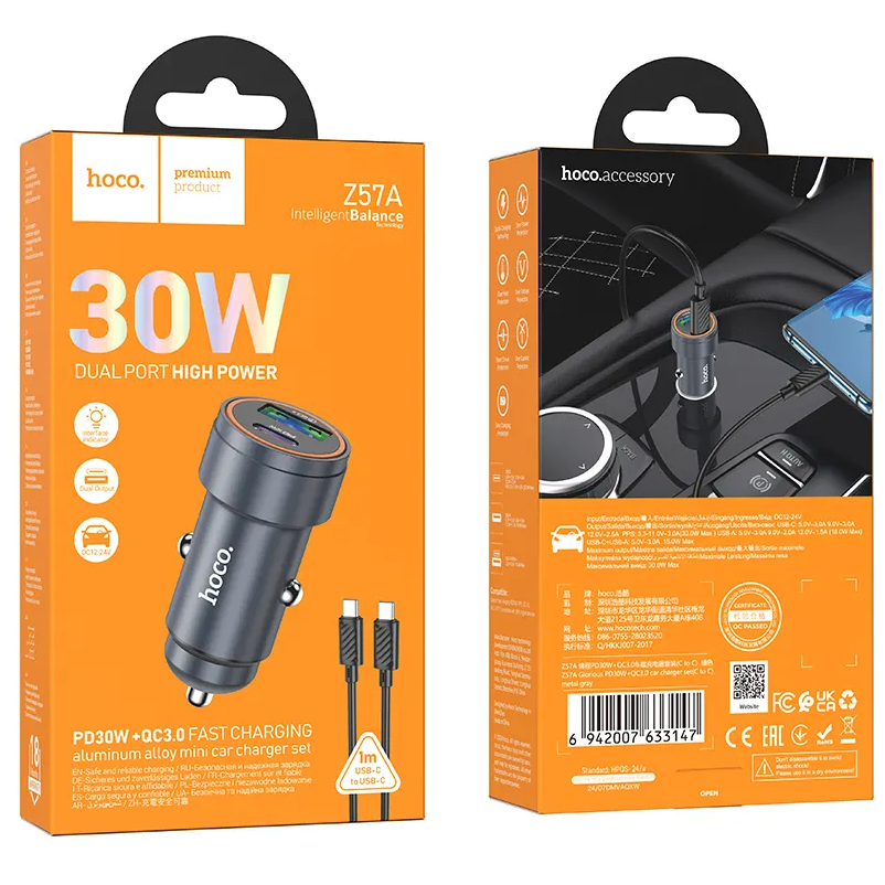 Автомобилен заряден уред с USB-C кабел HOCO Z57A, 30W, 3A, 1 x USB-A - 1 x USB-C, Сив