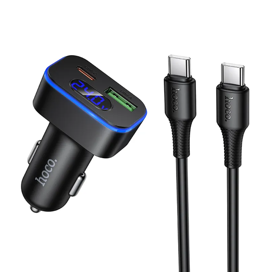 Автомобилен заряден уред с USB-C кабел HOCO Z63B Display, 48W, 3A, 1 x USB-A - 1 x USB-C, Черен