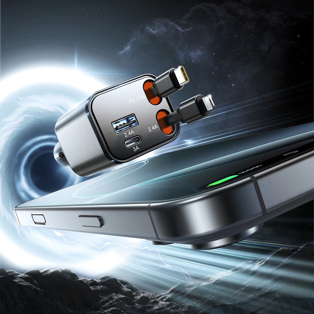 Автомобилен заряден уред с кабел USB-C / Lightning Joyroom JR-CCL05, 30W, 3A, 1 x USB-A - 1 x USB-C, Сив