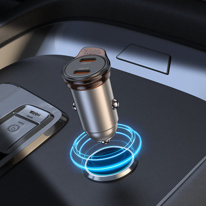 Автомобилен заряден уред с кабел Lightning HOCO NZ16B, 45W, 3A, 2 x USB-C, Сив