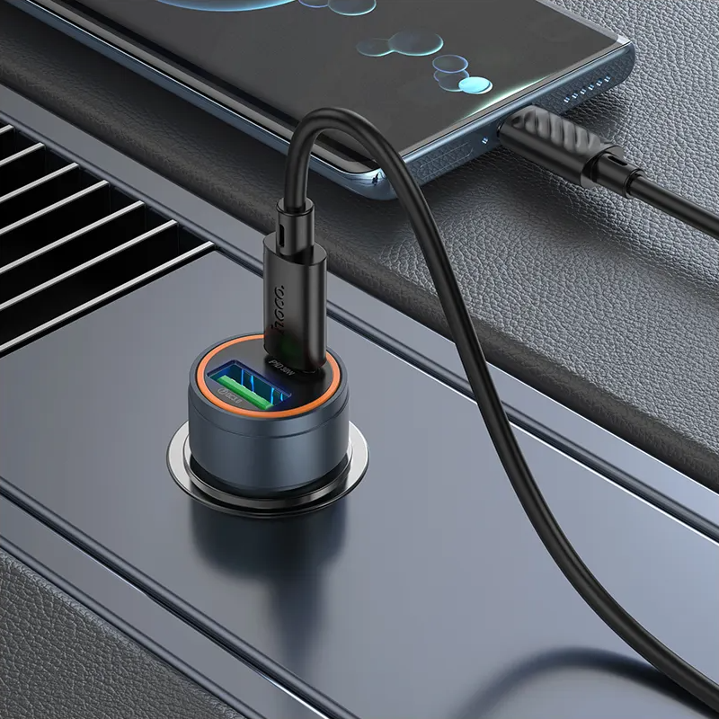 Автомобилен заряден уред с USB-C кабел HOCO Z57A, 30W, 3A, 1 x USB-A - 1 x USB-C, Сив