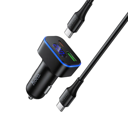 Автомобилен заряден уред с USB-C кабел HOCO Z63B Display, 48W, 3A, 1 x USB-A - 1 x USB-C, Черен