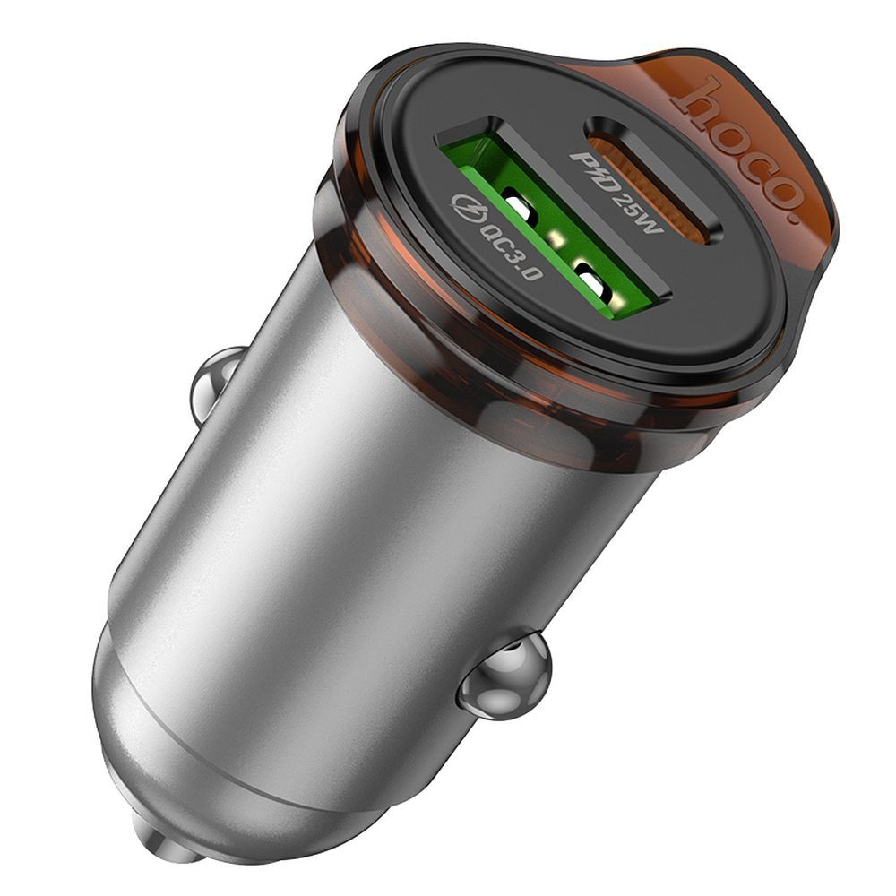 Автомобилен заряден уред с Lightning кабел HOCO NZ16A, 43W, 3A, 1 x USB-A - 1 x USB-C, Сив