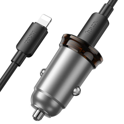 Автомобилен заряден уред с кабел Lightning HOCO NZ16B, 45W, 3A, 2 x USB-C, Сив
