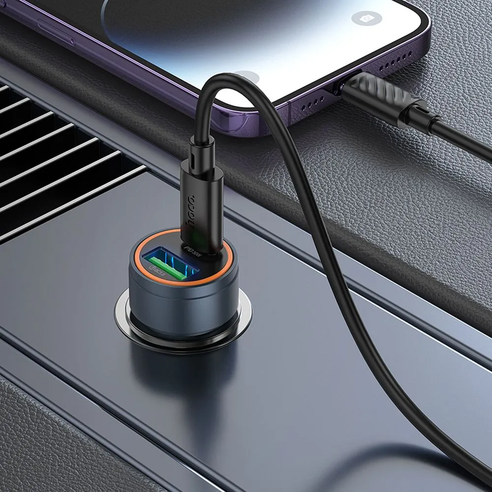 Car Charger with Lightning Cable HOCO Z57A, 30W, 3A, 1 x USB-A - 1 x USB-C, Gray