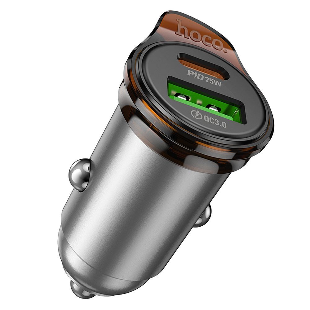 Автомобилен заряден уред с Lightning кабел HOCO NZ16A, 43W, 3A, 1 x USB-A - 1 x USB-C, Сив