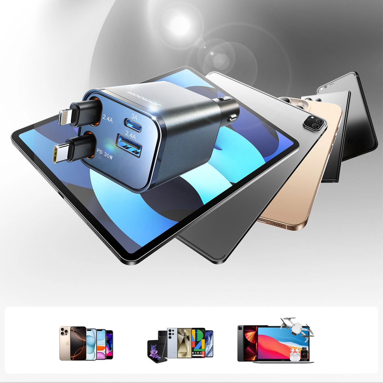Автомобилен заряден уред с кабел USB-C / Lightning Joyroom JR-CCL05, 30W, 3A, 1 x USB-A - 1 x USB-C, Сив