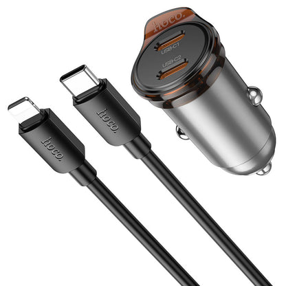 Автомобилен заряден уред с кабел Lightning HOCO NZ16B, 45W, 3A, 2 x USB-C, Сив