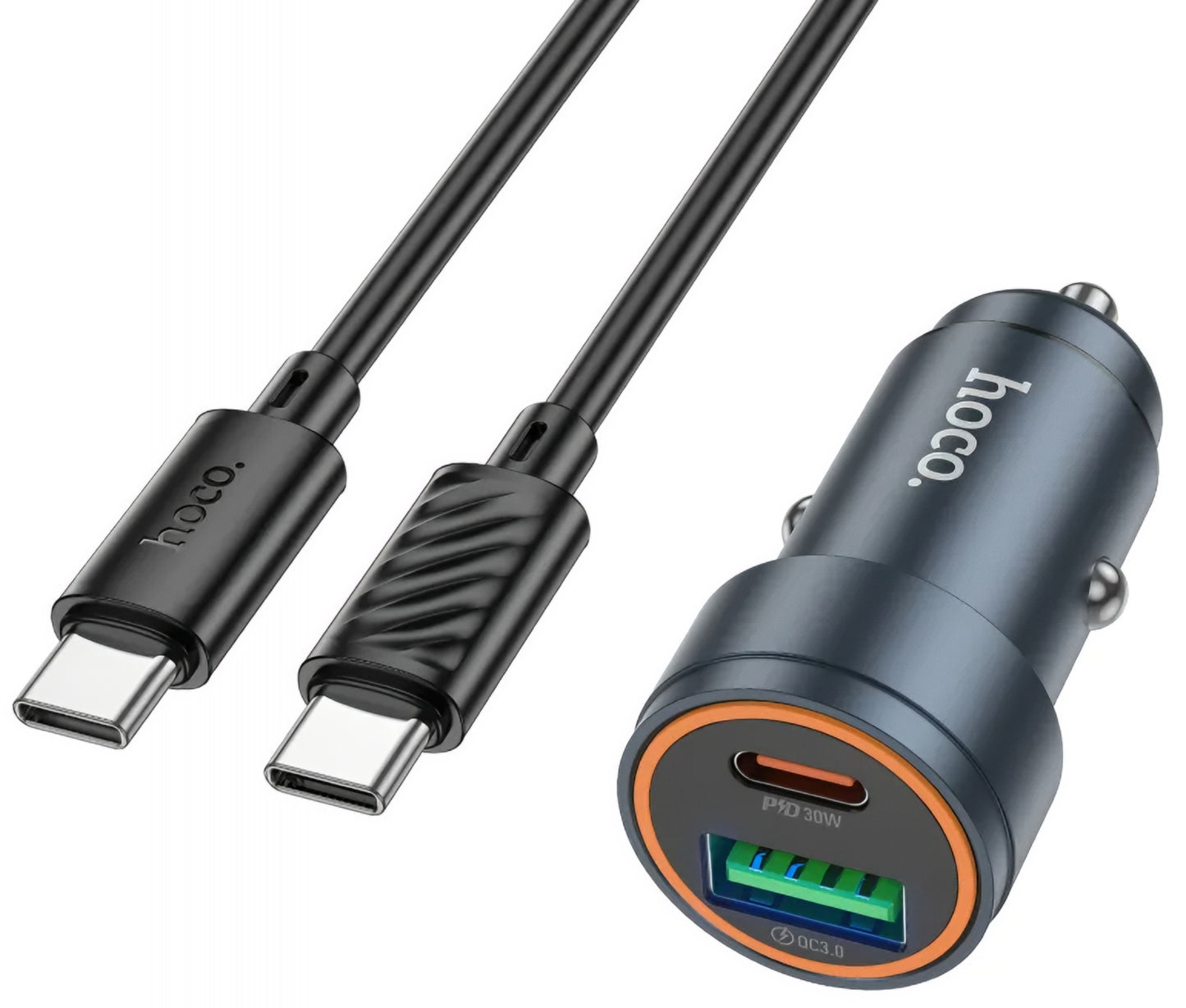 Автомобилен заряден уред с USB-C кабел HOCO Z57A, 30W, 3A, 1 x USB-A - 1 x USB-C, Сив