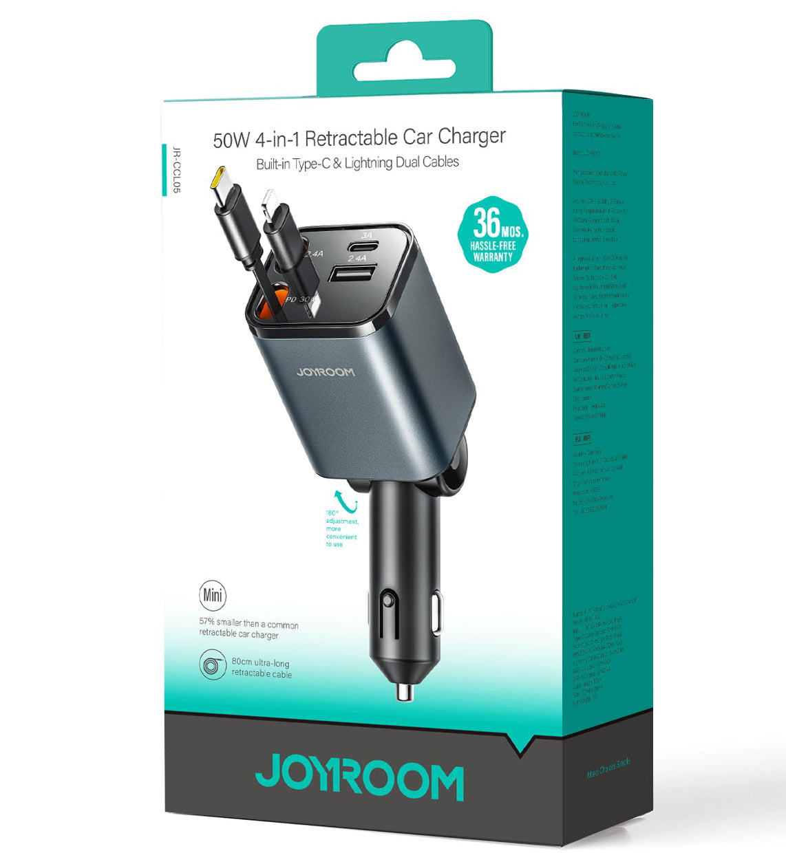 Автомобилен заряден уред с кабел USB-C / Lightning Joyroom JR-CCL05, 30W, 3A, 1 x USB-A - 1 x USB-C, Сив