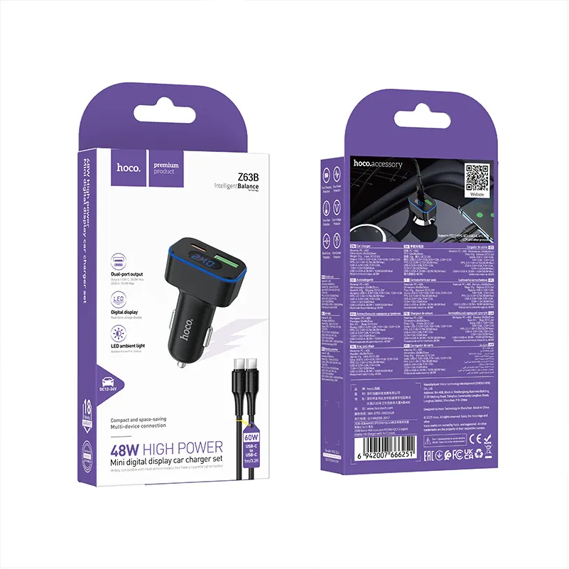 Автомобилен заряден уред с USB-C кабел HOCO Z63B Display, 48W, 3A, 1 x USB-A - 1 x USB-C, Черен