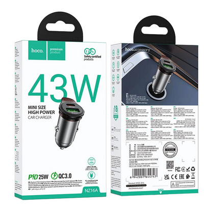 Автомобилен заряден уред с USB-C кабел HOCO NZ16A, 43W, 3A, 1 x USB-A - 1 x USB-C, Сив