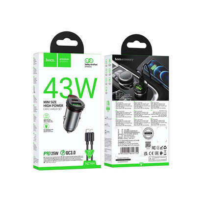Автомобилен заряден уред с Lightning кабел HOCO NZ16A, 43W, 3A, 1 x USB-A - 1 x USB-C, Сив