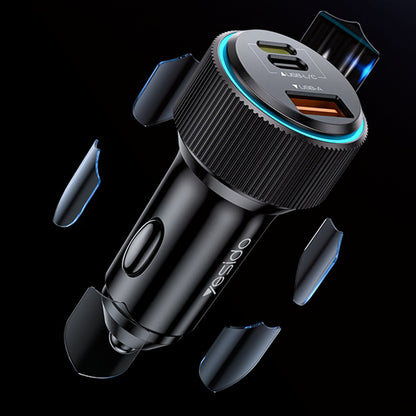 Автомобилен заряден уред с кабел Lightning Yesido Y60, 38W, 3A, 1 x USB-A - 2 x USB-C, Черен