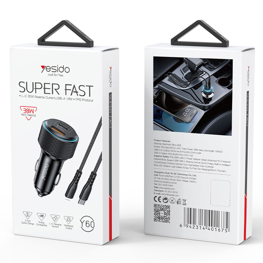 Автомобилен заряден уред с кабел Lightning Yesido Y60, 38W, 3A, 1 x USB-A - 2 x USB-C, Черен