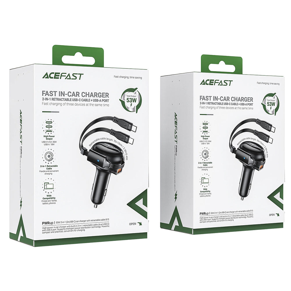Автомобилен заряден уред с USB-C кабел Acefast B13, 53W, 3A, 1 x USB-A, Черен