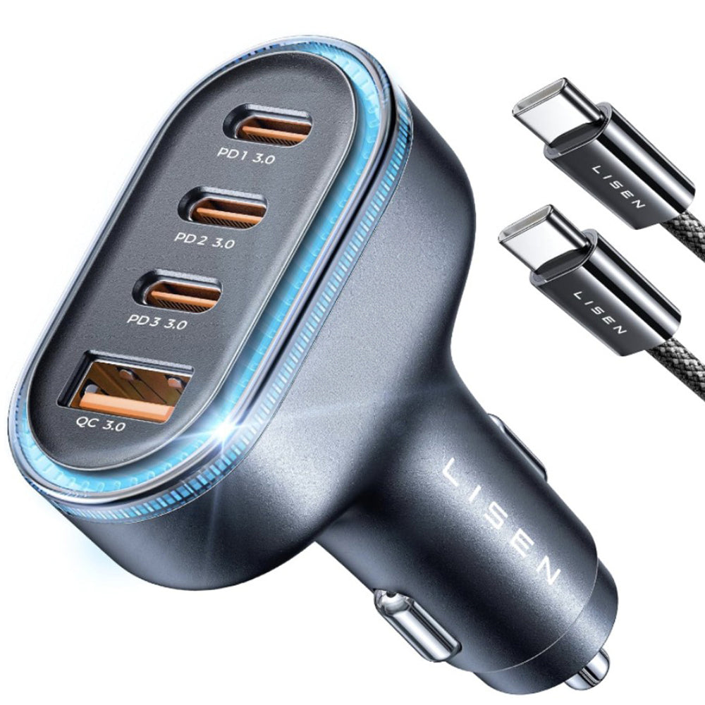 Автомобилен заряден уред с USB-C кабел Lisen, 101W, 3.25A, 1 x USB-A - 3 x USB-C, Черен YL0223120021