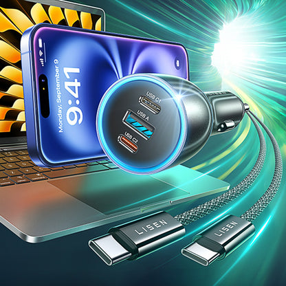 Автомобилен заряден уред с USB-C кабел Lisen, 170W, 5A, 1 x USB-A - 2 x USB-C, Черен YL0224010001