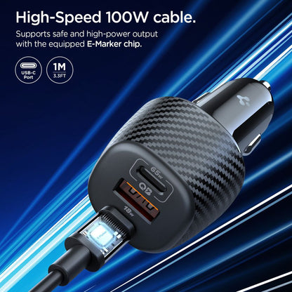 Spigen EV1133 Car Charger with USB-C Cable, 113W, 3.25A, 1 x USB-A - 2 x USB-C, Black