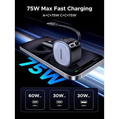 Автомобилен заряден уред с USB-C кабел UGREEN EC601, 75W, 3A, 1 x USB-A - 1 x USB-C, Сив