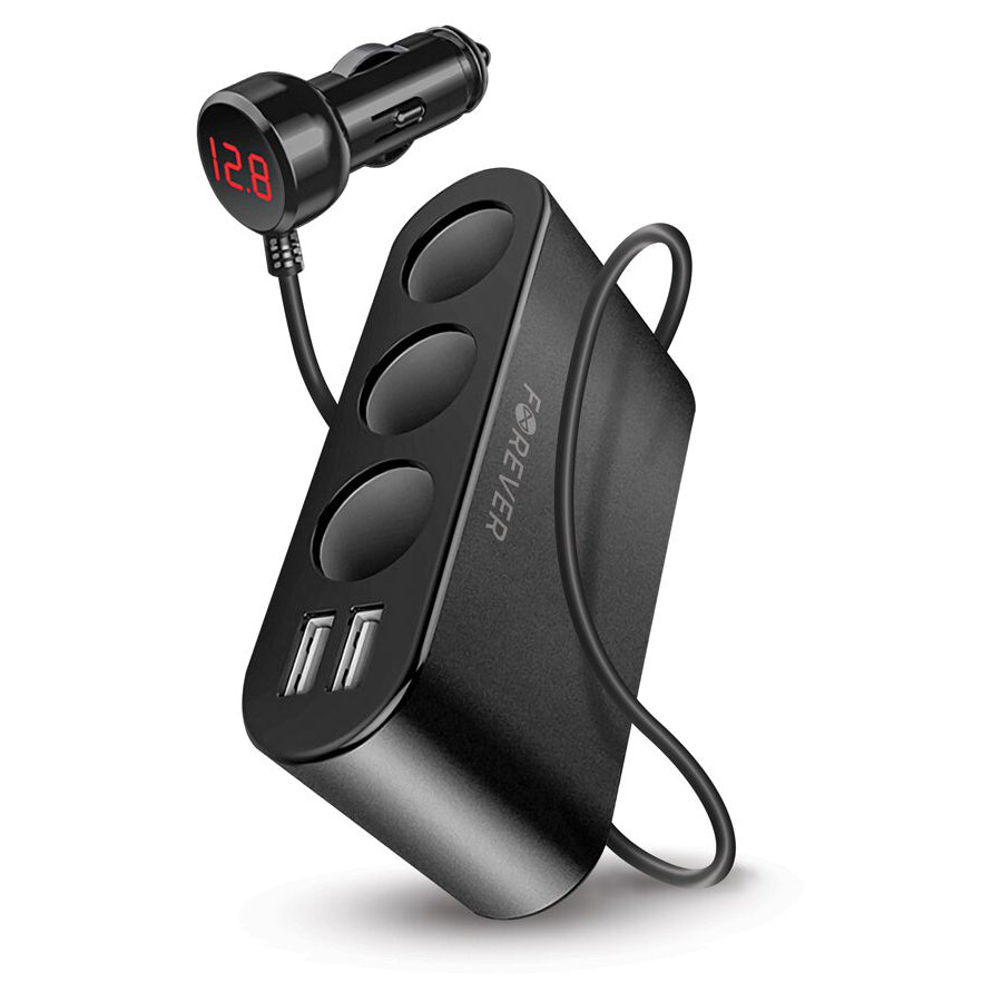 Forever MultiPort Car Charger, 12W, 2.4A, 2 x USB-A - 3 x Cigarette Lighter Extension, Black 